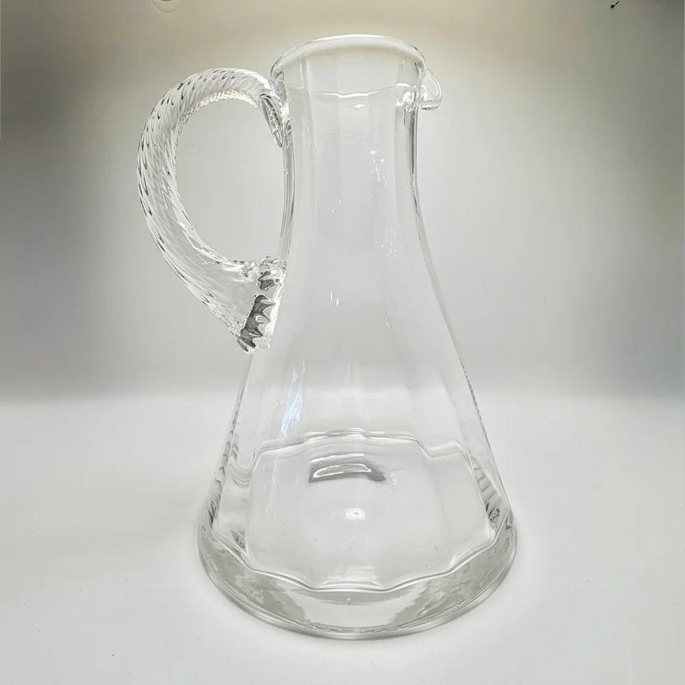 Hand Blown Clear Glass Pitcher 9” Tall Elegant Twisted Handle Art Glass - Picture 3 of 11
